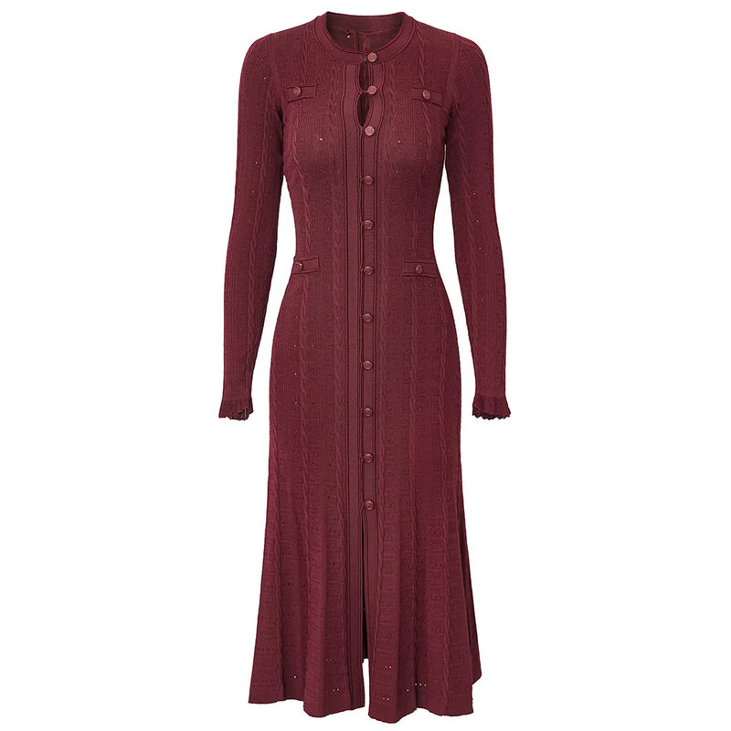 Knitted Cardigan Dresses for Women Round Neck Spliced Single Breasted Dresses Female