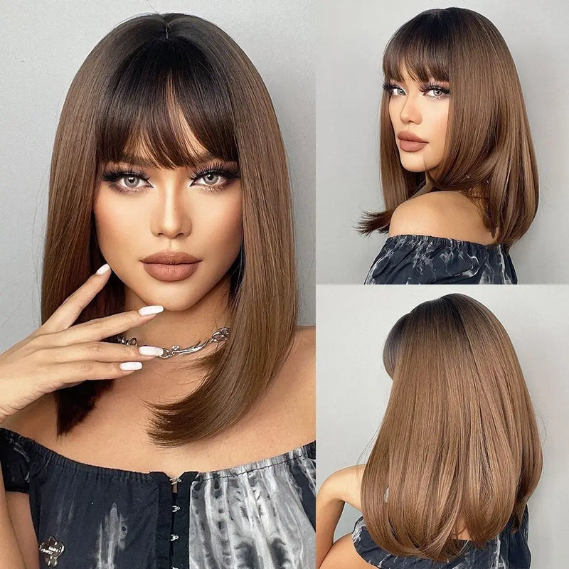 Medium Straight Black Brown Golden Ombre Wigs for Women Cosplay Bobo Wig