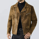 Brown suede jacket worn by a person on a light gray background , Obroi