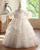 White Flower Girl Dress with Puff Sleeves Floral Applique Tulle Princess Ball Gown for Kids Dress