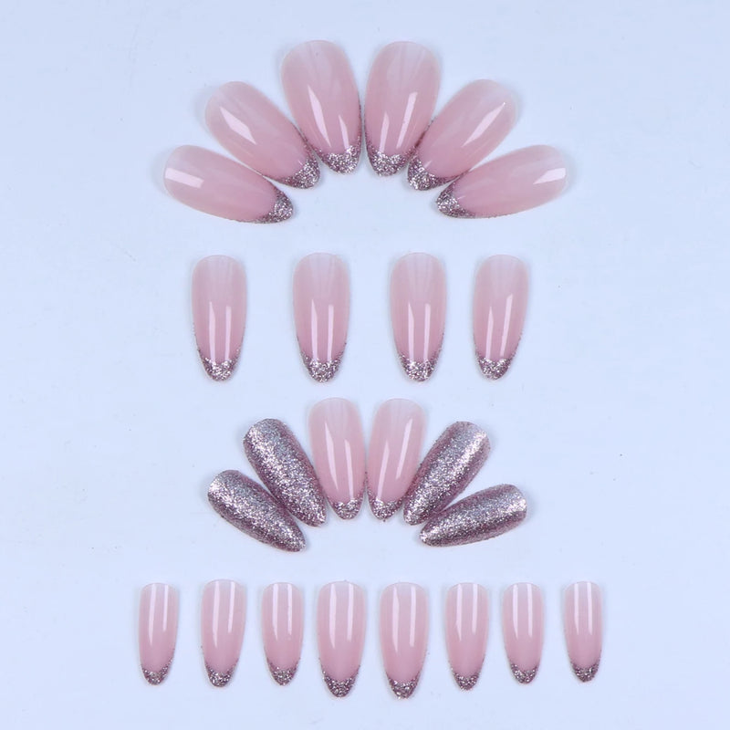 24Pcs Almond Glitter False Nails Short Full Finished for Women French Style Full Cover Press on Nail Tips