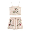 Women Suit Summer Suspenders Cropped Top Shorts Set Embroidered Flower Decoration Casual
