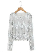 Sliver Sequined Pullover Women Spring Long Sleeve Female Shirts Thin Street Lady Crop Tops