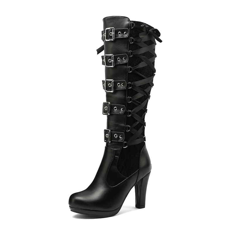 Women's Belt Buckle Knee High Boots Winter Keep Warm Female Lace Long Boot Gothic Mature Ladies Platform Knee Boottes