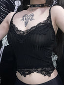 Goth Dark Mall Gothic Basic Bodycon Women Camis Grunge Punk Black Casual Lace Trim Crop Tops Ribbed Backless Alt Clothes Summer