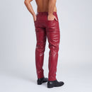 Red leather pants worn by a person on a white background, Obroi