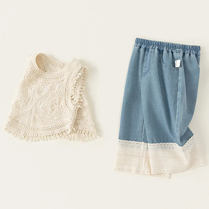 2Piece Sets Summer Toddler Girl Clothes Knitted Sleeveless Baby Jeans Kids Clothing