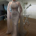 Caramel Mermaid Luxury Beaded Evening Dresses Customized Cape Sleeve Gowns