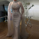 Caramel Mermaid Luxury Beaded Evening Dresses Customized Cape Sleeve Gowns