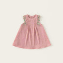 Pink dress with floral embroidery on a white background, featuring the brand 'Obroi'.