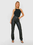 Leather Women Pencil Pants Ladies Chic Stretch Trousers With Pocket Slim Streetwear Pant