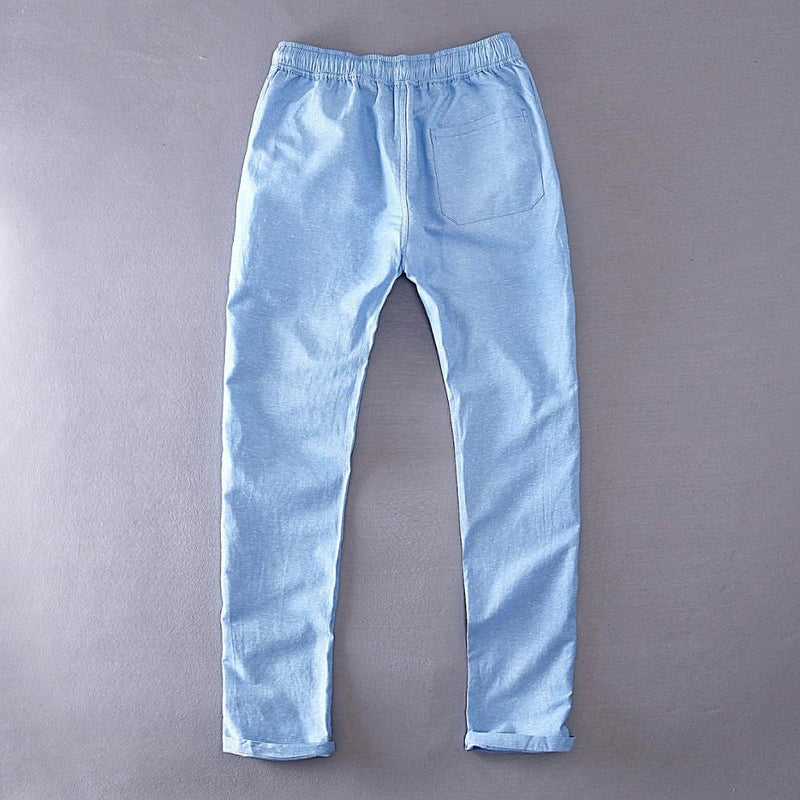 Linen Solid Blue Elastic Waist Straight Loose Trousers Summer Breathable Drawstring Men Clothing