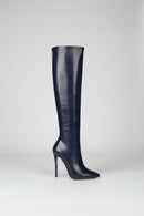 Navy blue knee-high boot with a high heel on a white background, Obroi