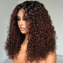 Woman with long, curly brown wig on a plain background, Obroi
