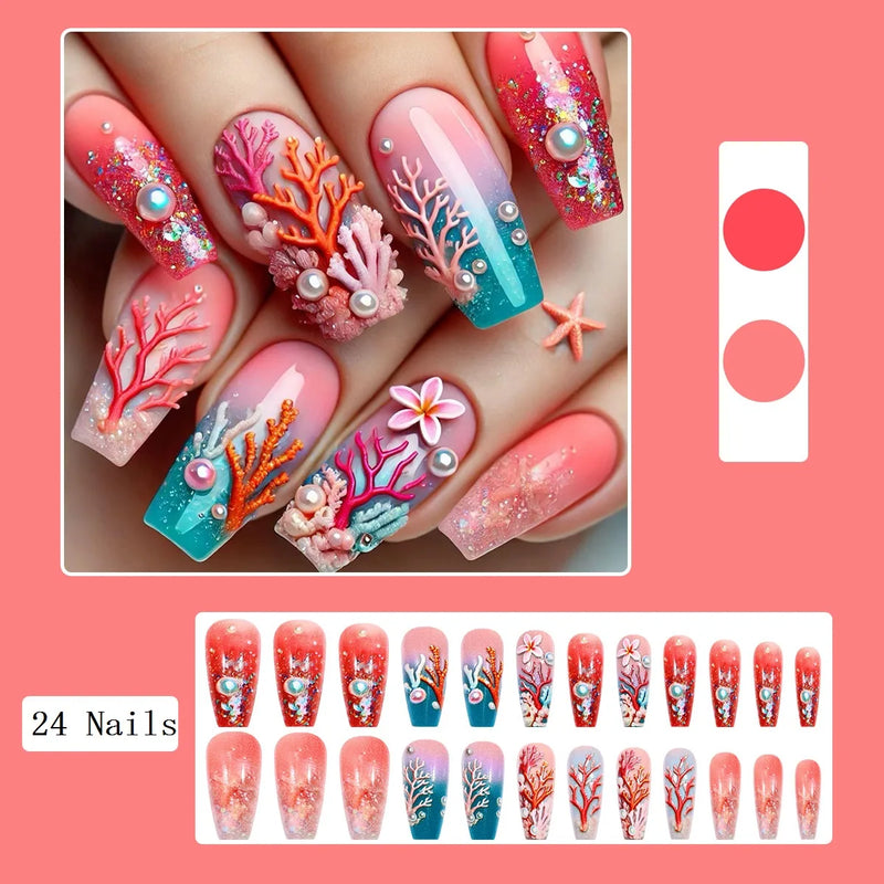 Summer Fresh False Nails Tips Long Cute Underwater World Press On Nails Ocean Series Wearable Nails Coral Nails
