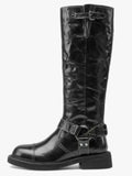 Women Pleated Thick Heel Knee High Women Boots, Knight Boots Round Toe Side Zipper Mid Leg Boots