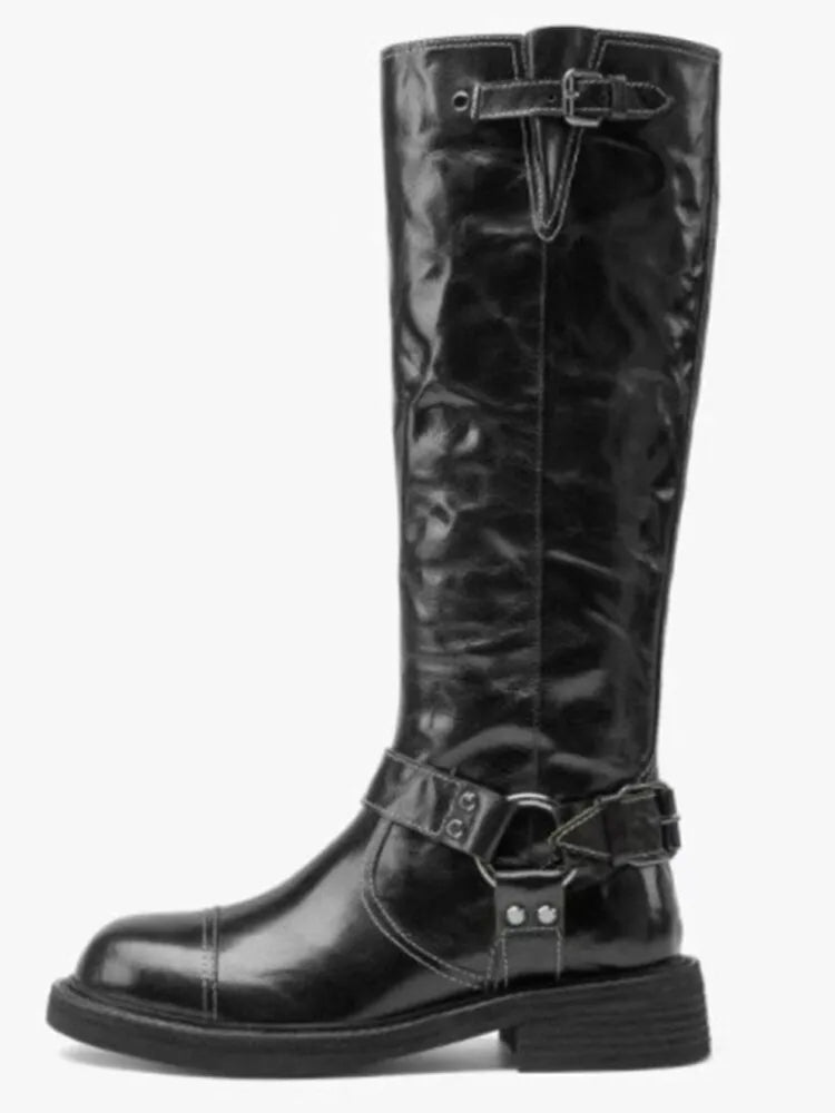 Women Pleated Thick Heel Knee High Women Boots, Knight Boots Round Toe Side Zipper Mid Leg Boots