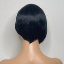 Black bob wig on a mannequin head against a plain background, Obroi