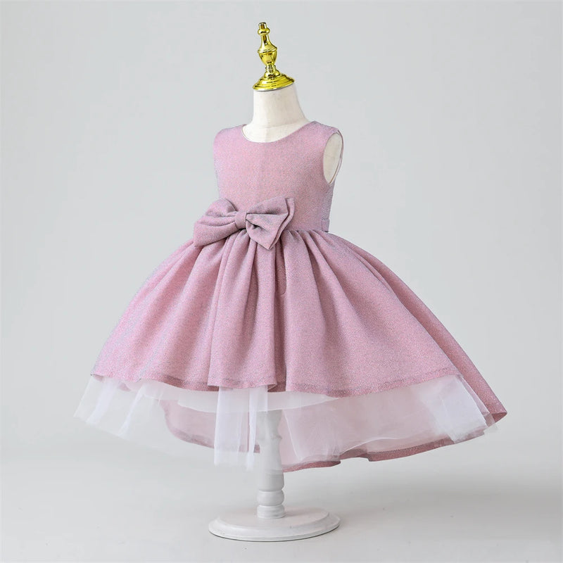 Vintage Girls New Bow Elegant Dress Trailing Girl Birthday Party Fluffy Layered Costume Kids Christmas Summer Gown