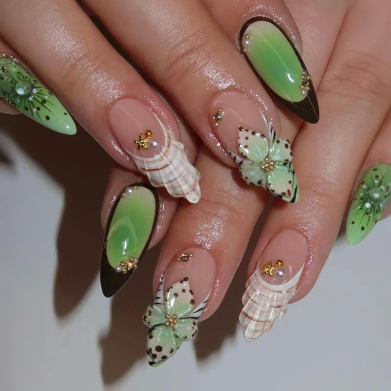 24Pcs Almond False Nails Carving Design Press on Gel Nail Full Cover Wearable Fake Nail Tips
