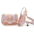 Elegant Women's Peep-Toe Heels and Matching Gold Color Diamond Pumps Set - Shoes and Bags