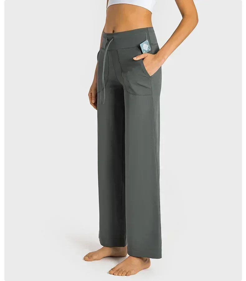 Women Loose High Waist Drawstring Wide Leg Pants Outdoor Casual Flare Pants