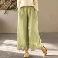 Spring Embroidery Cotton Linen Wide Leg Pants Women Elastic Waist Loose Double Layer Straight Long Pant