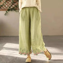 Spring Embroidery Cotton Linen Wide Leg Pants Women Elastic Waist Loose Double Layer Straight Long Pant