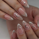 24pcs Glitter Diamond Pearl Press on Nails Gold French Acrylic Nail Silver Nails Gold Sun Nail Almond Nail