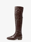 Women Pleated Thick Heel Knee High Women Boots, Knight Boots Round Toe Side Zipper Mid Leg Boots