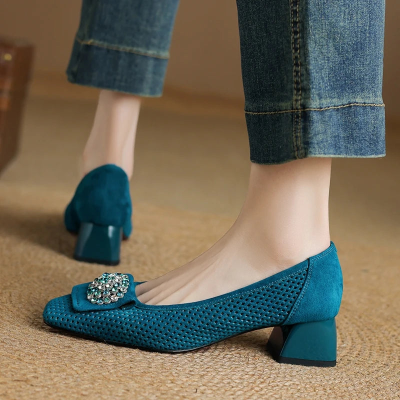 Women Breathable Mid-Heel Women Shoes Square-Toe Formal Loafers female