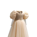 Champagne Girls Skirt Lace Lantern Sleeves Ball Gown Customized Elegant Kids Dresses
