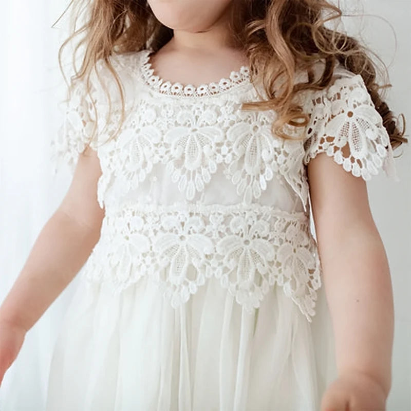 Elegant Lace Dress for Girls Flower White Tulle First Communion Gown Bohemia Costume Pageant Wedding Evening Party