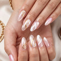 24 handmade almond nails Glitter pink base with golden leaf patterns and white stripe design Reusabl
