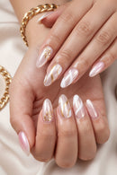 24 handmade almond nails Glitter pink base with golden leaf patterns and white stripe design Reusabl