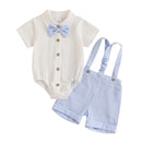 Toddler Baby Boy Gentleman Outfit Lapel Neck Romper with Stripe Suspender Shorts and Bowtie Clothes