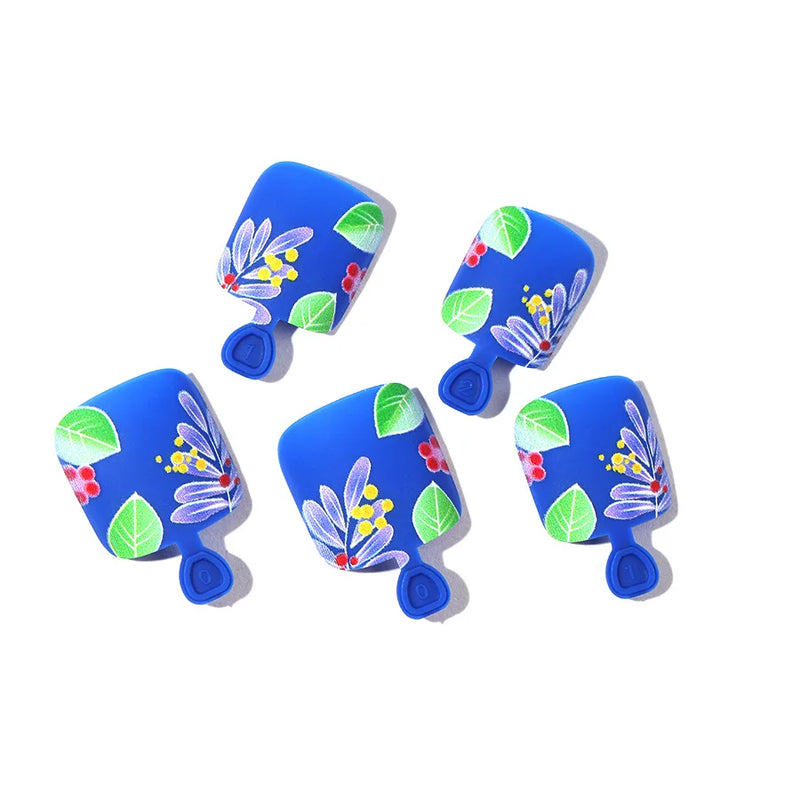 24pcs Matte Blue False Toenails Simple Flowers Fake Toenails Wearable Full Cover Summer Manicure Press on Toe Nail for Women