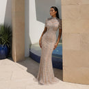 Champagne Evening Dress Sheer Sleeve Grid Rhinestone Mermaid Formal Occasion Gown