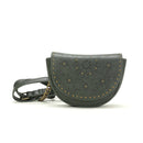 Black half-moon bag with lace detailing and gold studs on a white background, Obroi