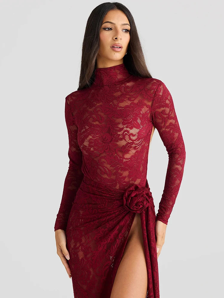 Women Turtleneck Long Sleeve T-shirt And Floral Maxi Skirt Matching Sets Club Party Split Sets