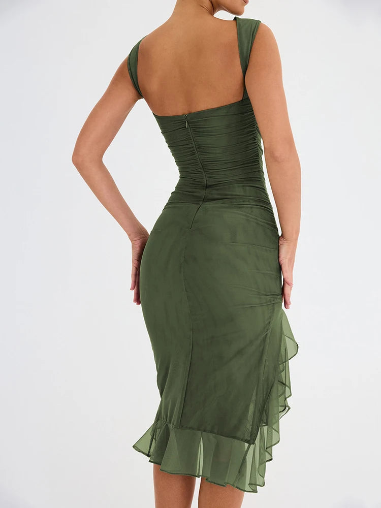 Elegant Ruffle Midi Dress For Women Robe Summer Backless Irregular Club Party Dress