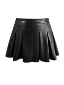 Pleated Mini Skirts Women Spring Summer Casual Leather Basic Solid Black Skirt Female