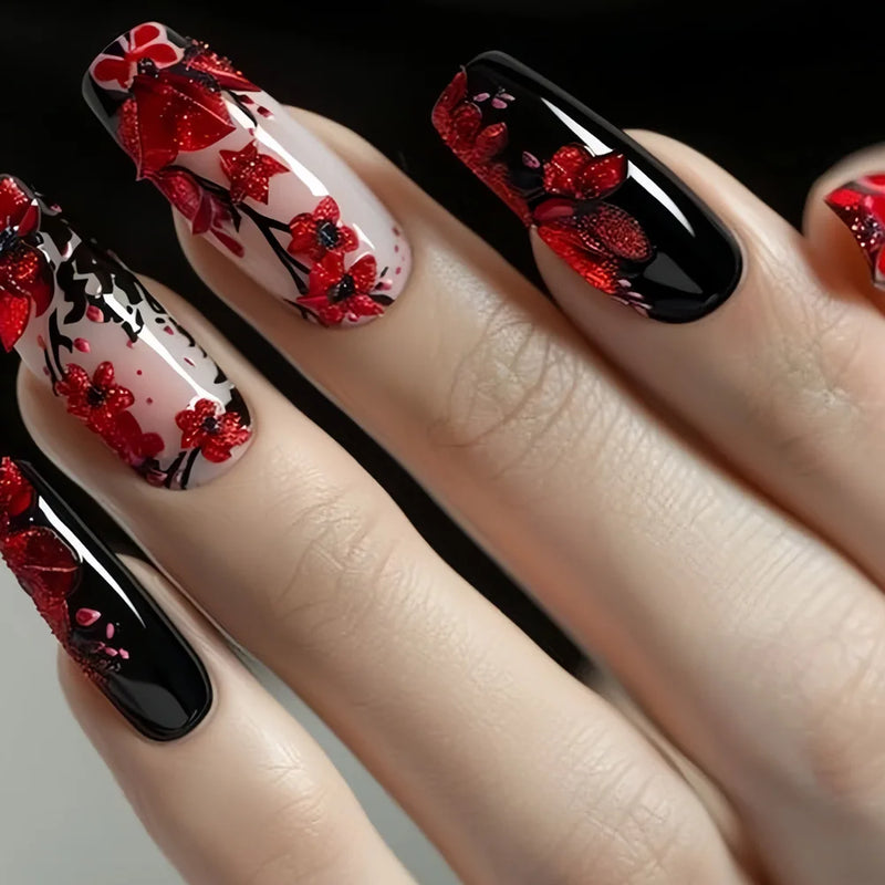 24pcs/set Medium long fake nails Swan fish flowers for summer season gradient almond square ballet tips press on false nails