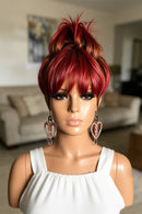 Human Hair Wig Short Wig With Bangs Pixie Cut Red Brown Wig Easy Wear Look for Women
