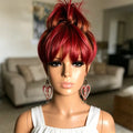 Human Hair Wig Short Wig With Bangs Pixie Cut Red Brown Wig Easy Wear Look for Women