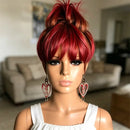 Human Hair Wig Short Wig With Bangs Pixie Cut Red Brown Wig Easy Wear Look for Women