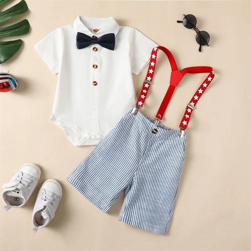 Baby Boys Gentleman Outfit Summer Solid Color Short Sleeve Romper Top and Casual Star Striped Suspender Shorts Set