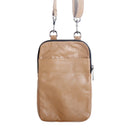 Beige leather crossbody bag with a strap on a white background, Obroi