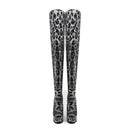 Leopard print knee-high boots with heel and platform information on a white background, Obroi