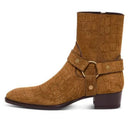 Brown crocodile-patterned boot with straps on a white background, Obroi